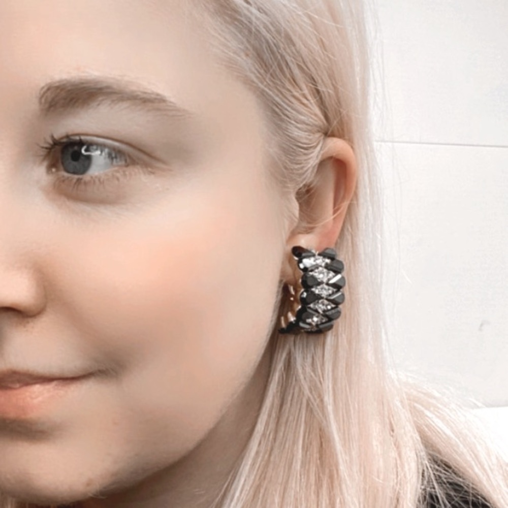Vintage Clip On Earring Black White Gold Crystals Chunky Statement Glizty Glam